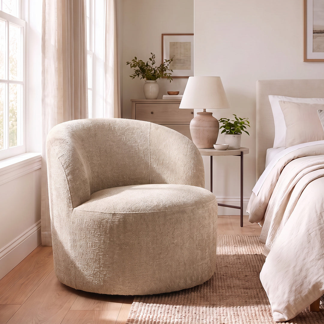 YOUNIKE Upholstered Accent Chair 360° Rotating Swivel Barrel Chair with Integrated Armrest