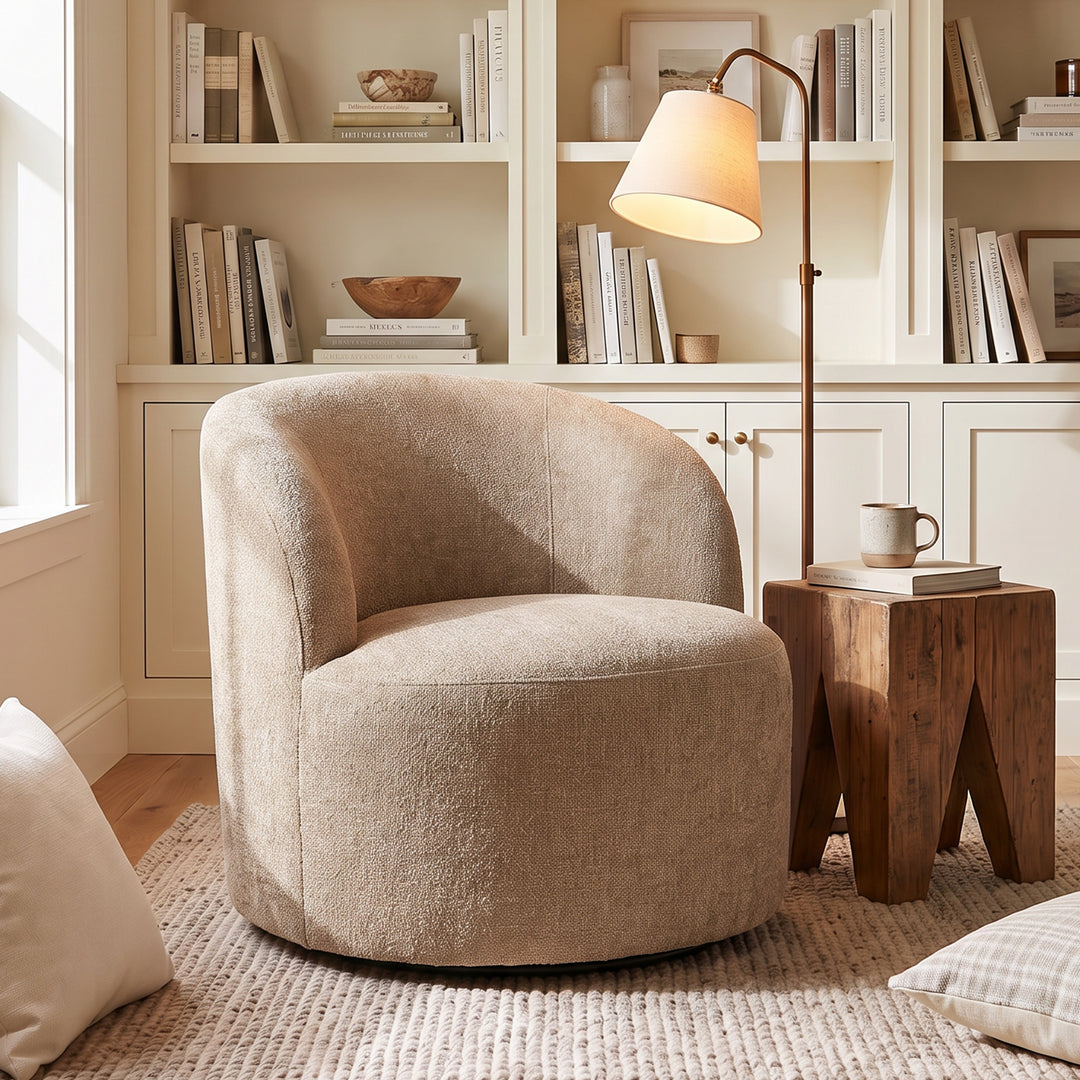 YOUNIKE Upholstered Accent Chair 360° Rotating Swivel Barrel Chair with Integrated Armrest