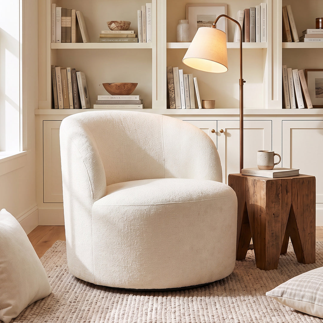 YOUNIKE Upholstered Accent Chair 360° Rotating Swivel Barrel Chair with Integrated Armrest