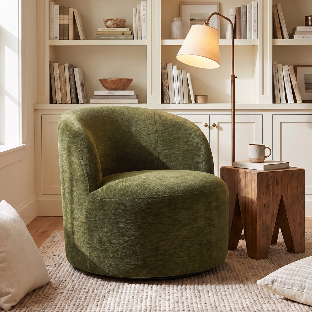 YOUNIKE Upholstered Accent Chair 360° Rotating Swivel Barrel Chair with Integrated Armrest