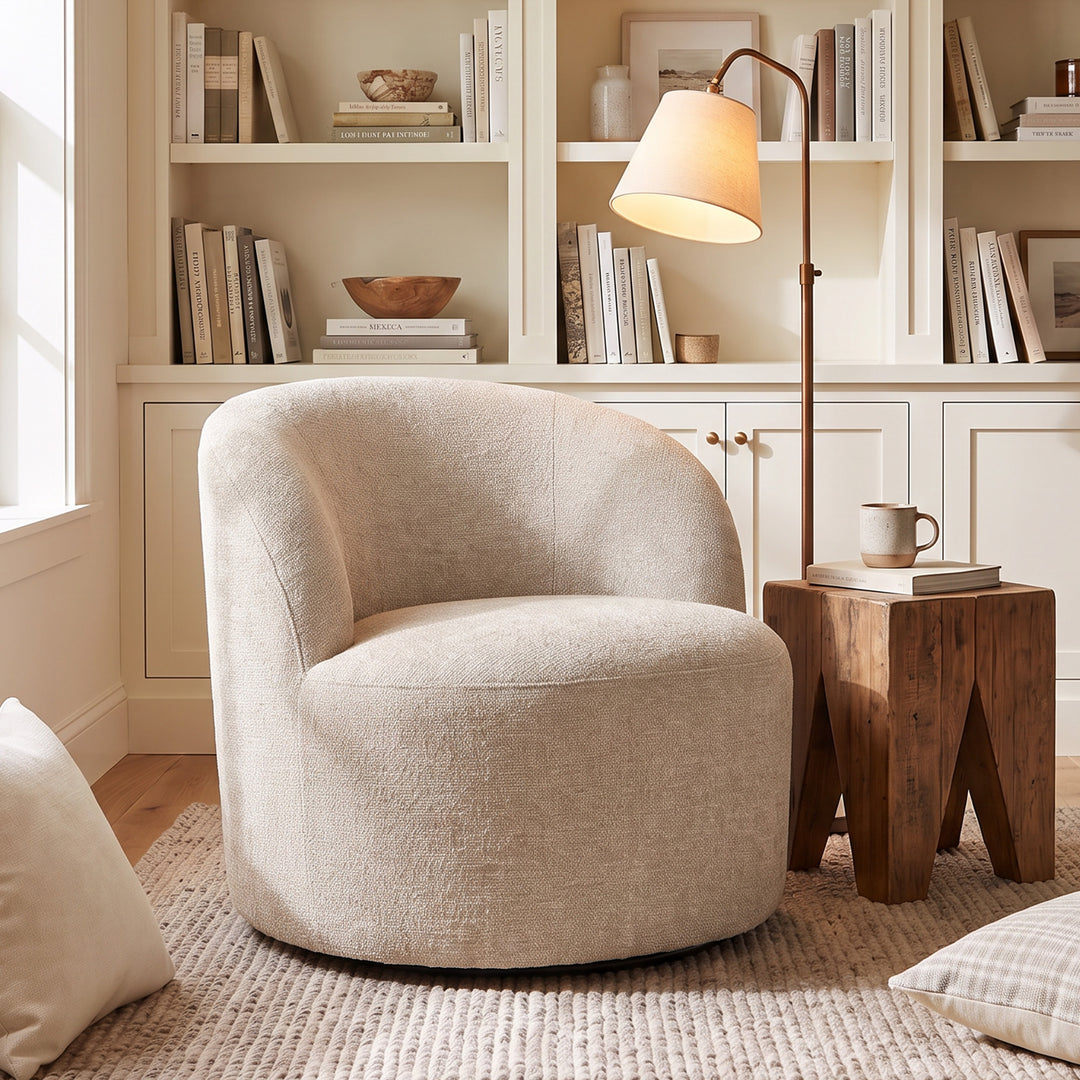 YOUNIKE Upholstered Accent Chair 360° Rotating Swivel Barrel Chair with Integrated Armrest