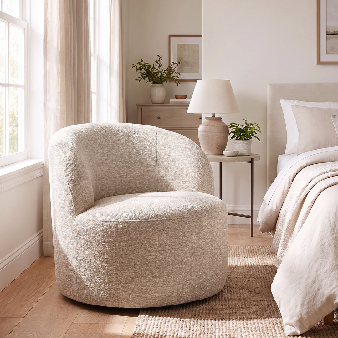 YOUNIKE Upholstered Accent Chair 360° Rotating Swivel Barrel Chair with Integrated Armrest