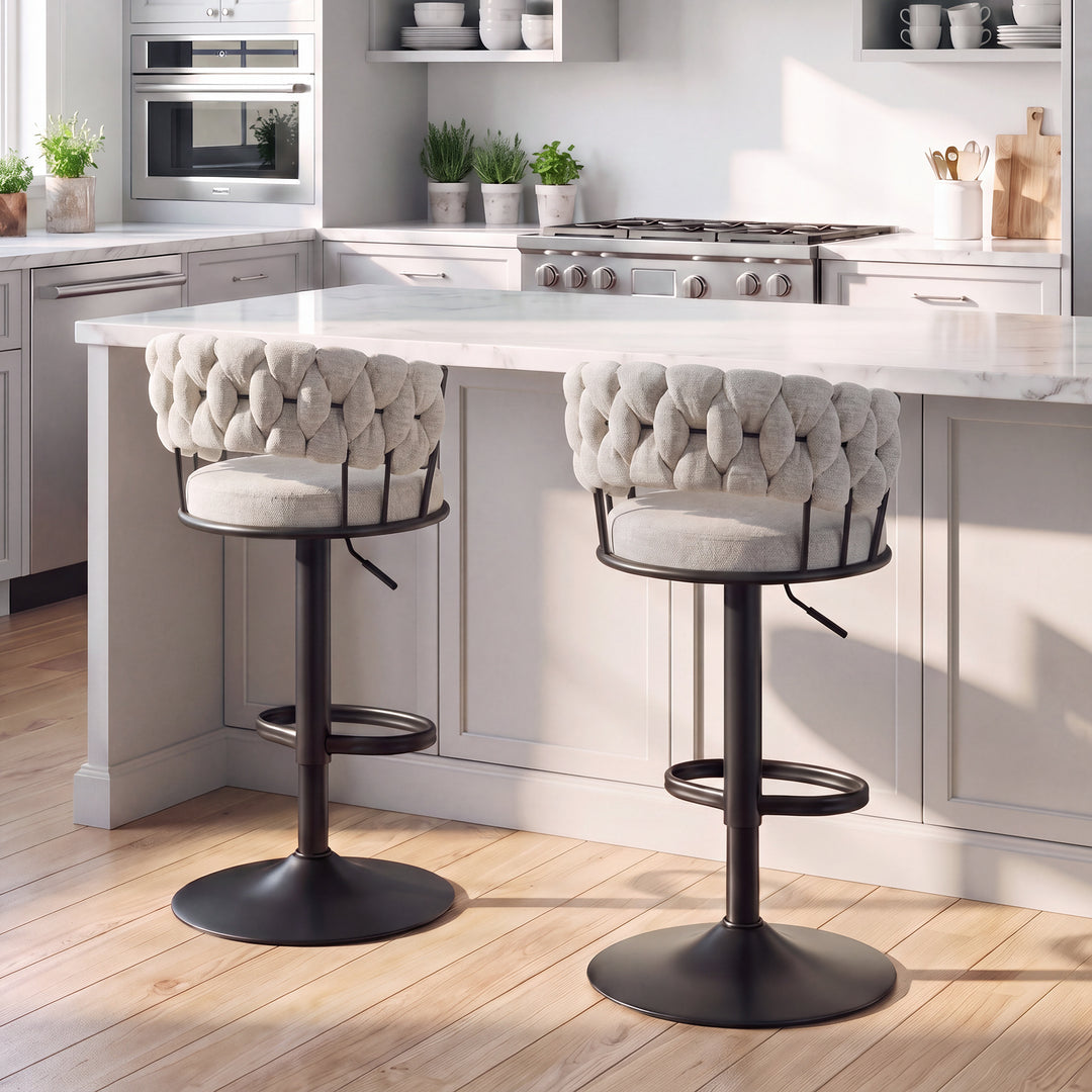 YOUNIKE Adjustable Bar Stools Upholstered Swivel Stool with Woven Back for Kitchen Island