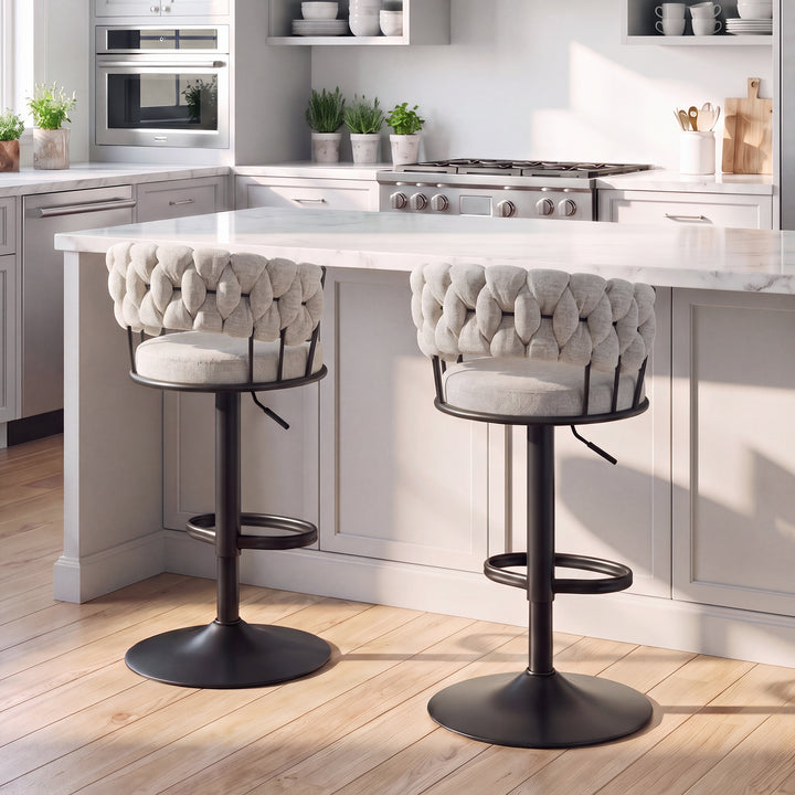 YOUNIKE Adjustable Bar Stools Upholstered Swivel Stool with Woven Back for Kitchen Island
