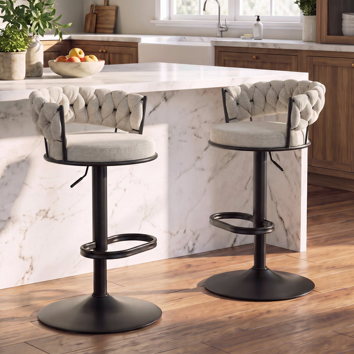 YOUNIKE Adjustable Bar Stools Upholstered Swivel Stool with Woven Back for Kitchen Island