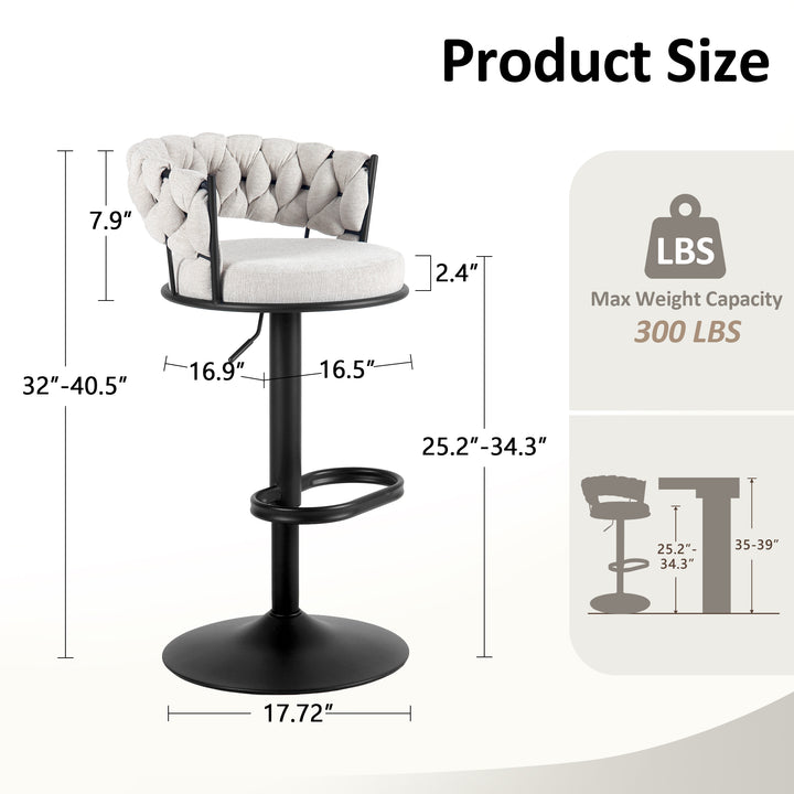 YOUNIKE Adjustable Bar Stools Upholstered Swivel Stool with Woven Back for Kitchen Island