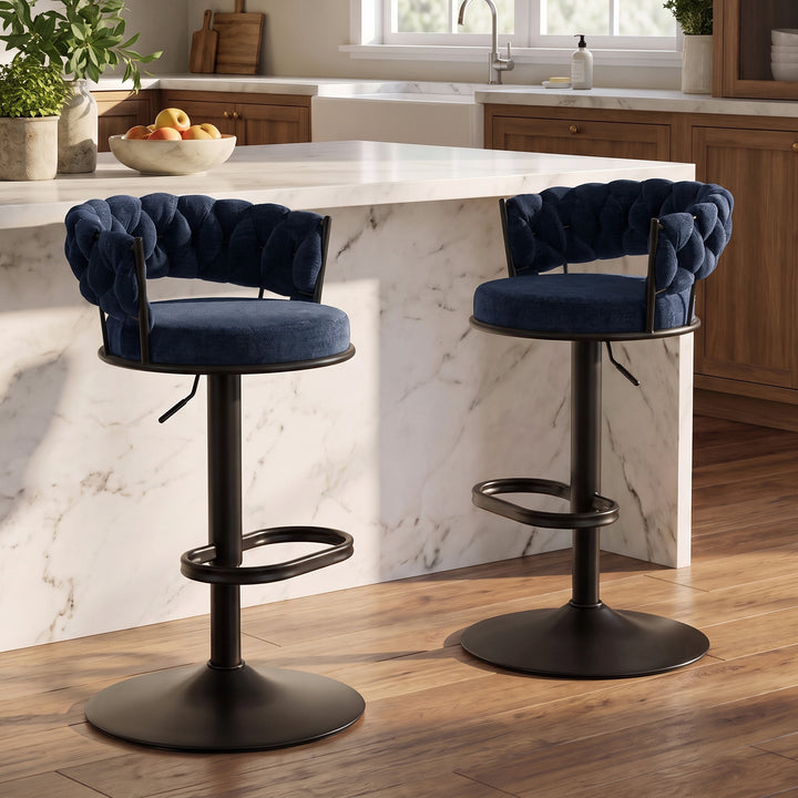 YOUNIKE Adjustable Bar Stools Upholstered Swivel Stool with Woven Back for Kitchen Island