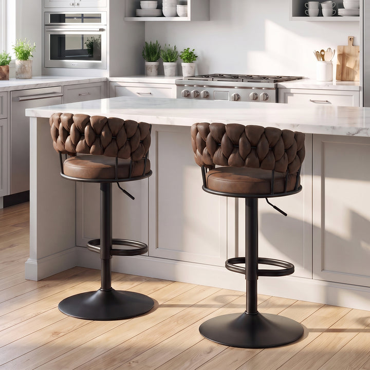 YOUNIKE Adjustable Bar Stools Upholstered Swivel Stool with Woven Back for Kitchen Island