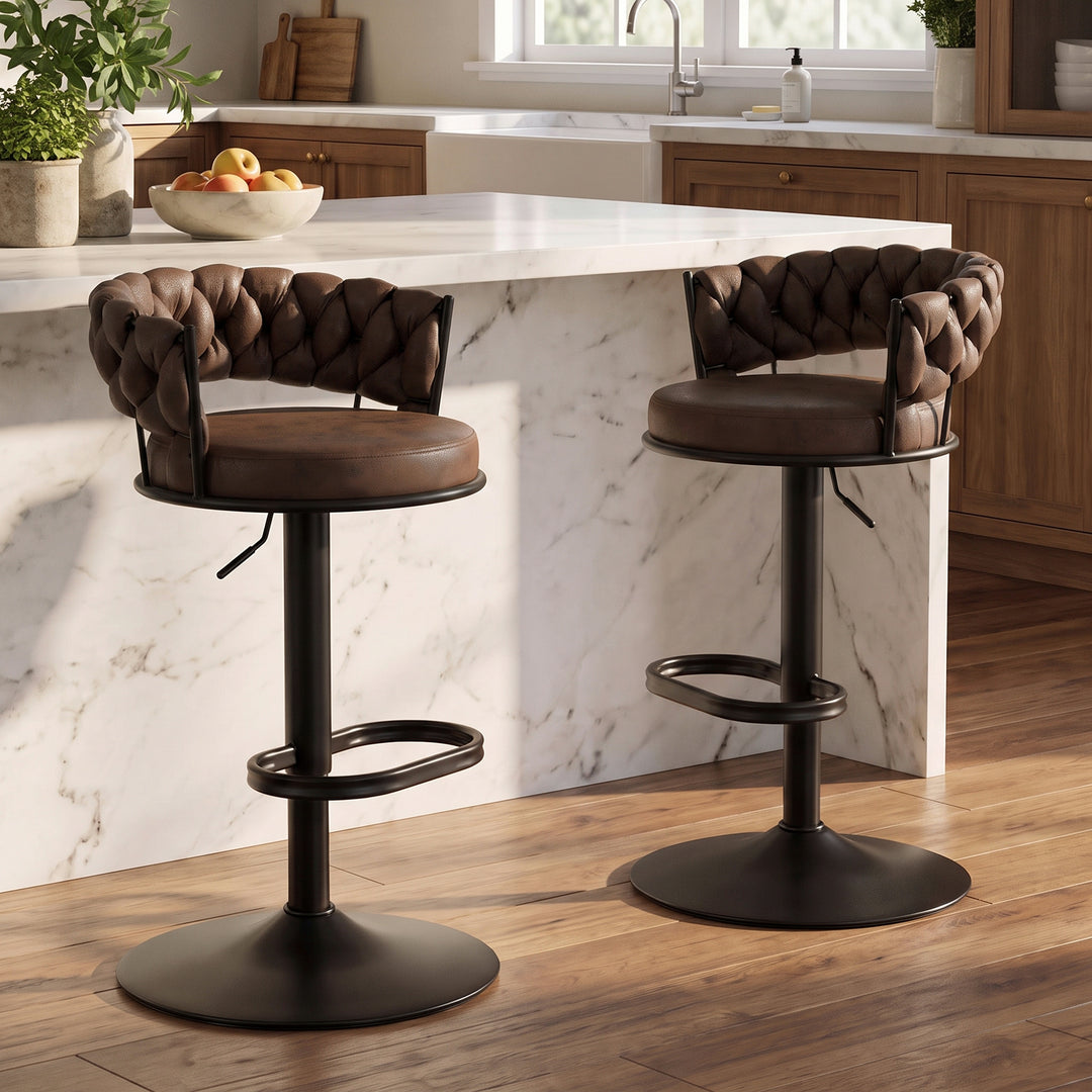 YOUNIKE Adjustable Bar Stools Upholstered Swivel Stool with Woven Back for Kitchen Island
