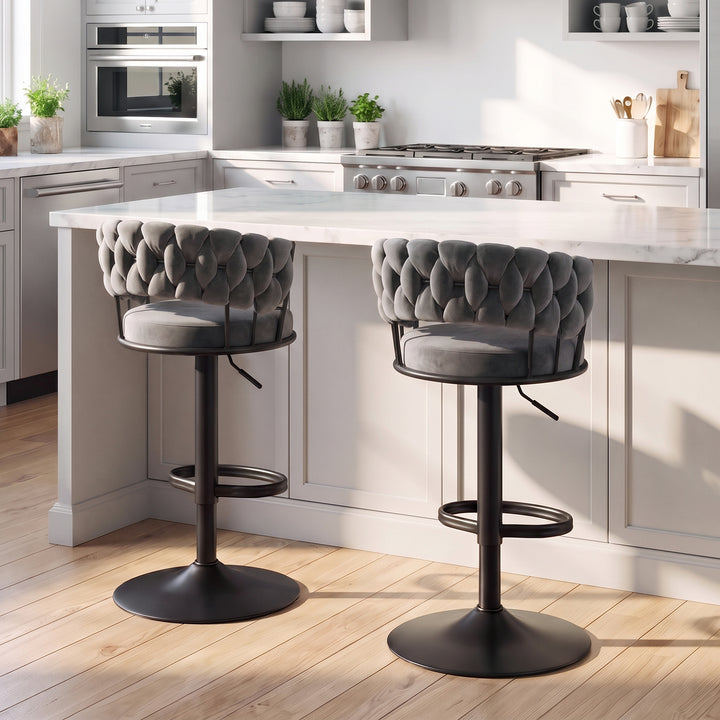 YOUNIKE Adjustable Bar Stools Upholstered Swivel Stool with Woven Back for Kitchen Island
