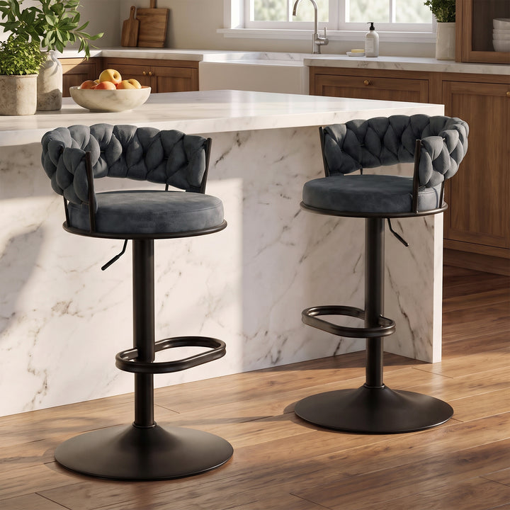 YOUNIKE Adjustable Bar Stools Upholstered Swivel Stool with Woven Back for Kitchen Island