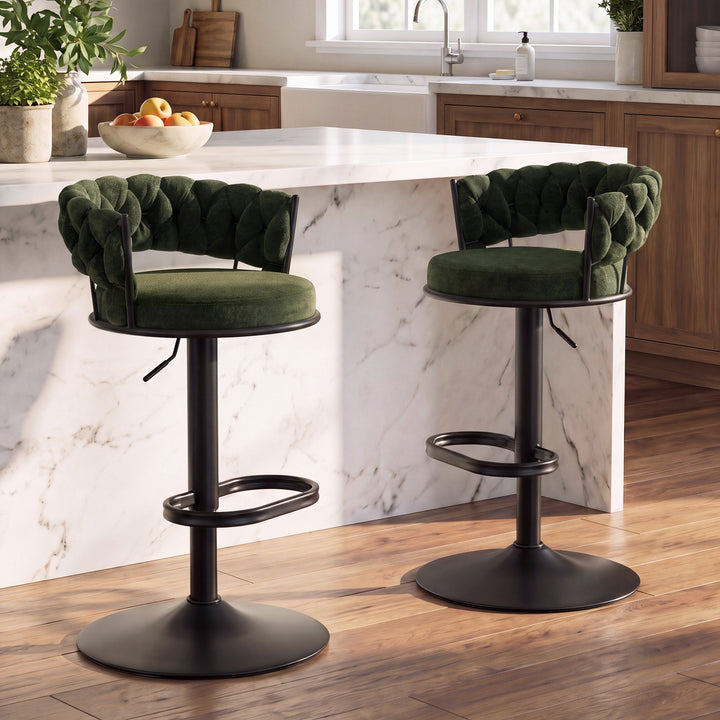 YOUNIKE Adjustable Bar Stools Upholstered Swivel Stool with Woven Back for Kitchen Island