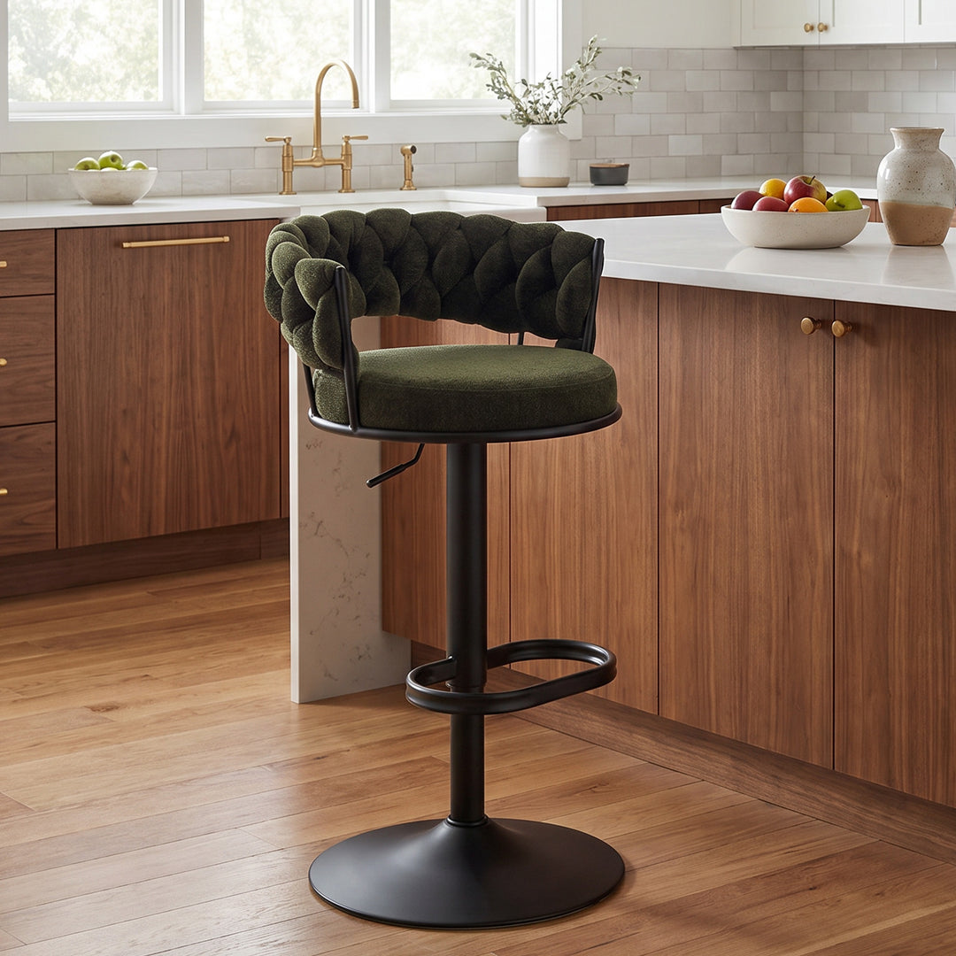 YOUNIKE Adjustable Bar Stools Upholstered Swivel Stool with Woven Back for Kitchen Island