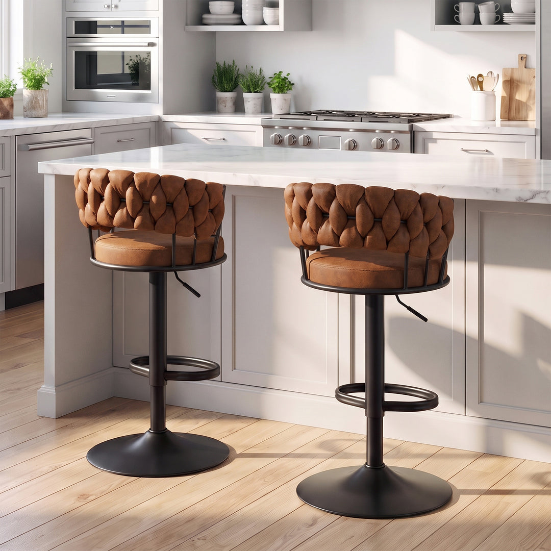 YOUNIKE Adjustable Bar Stools Upholstered Swivel Stool with Woven Back for Kitchen Island