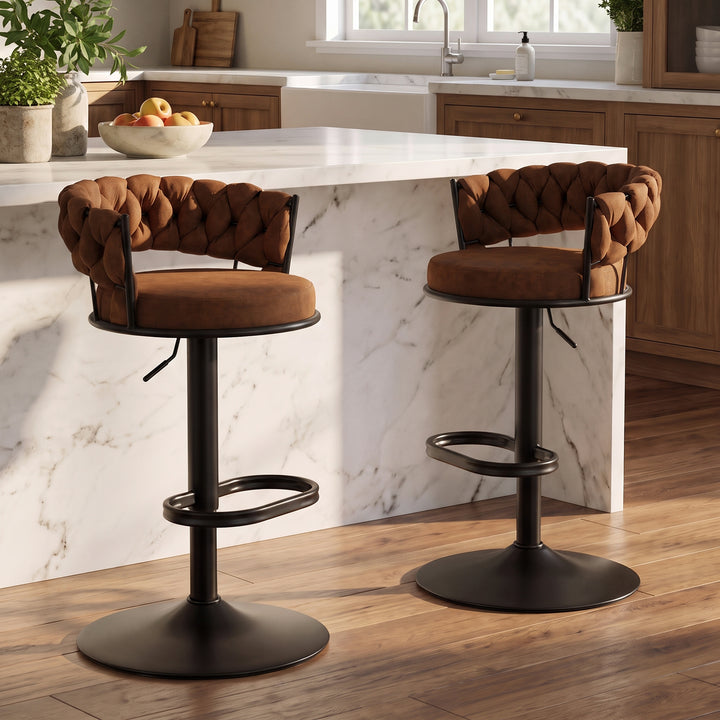 YOUNIKE Adjustable Bar Stools Upholstered Swivel Stool with Woven Back for Kitchen Island