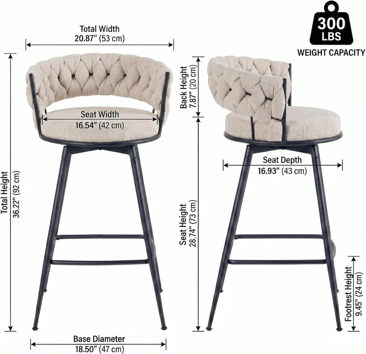 YOUNIKE Bar Stools Upholstered 360° Swivel Bar Chairs Counter Height Barstools with Woven Back