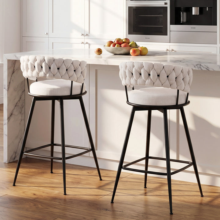 YOUNIKE Bar Stools Upholstered 360° Swivel Bar Chairs Counter Height Barstools with Woven Back