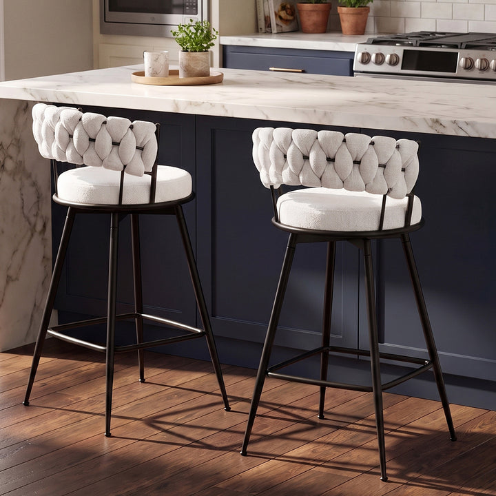 YOUNIKE Bar Stools Upholstered 360° Swivel Bar Chairs Counter Height Barstools with Woven Back