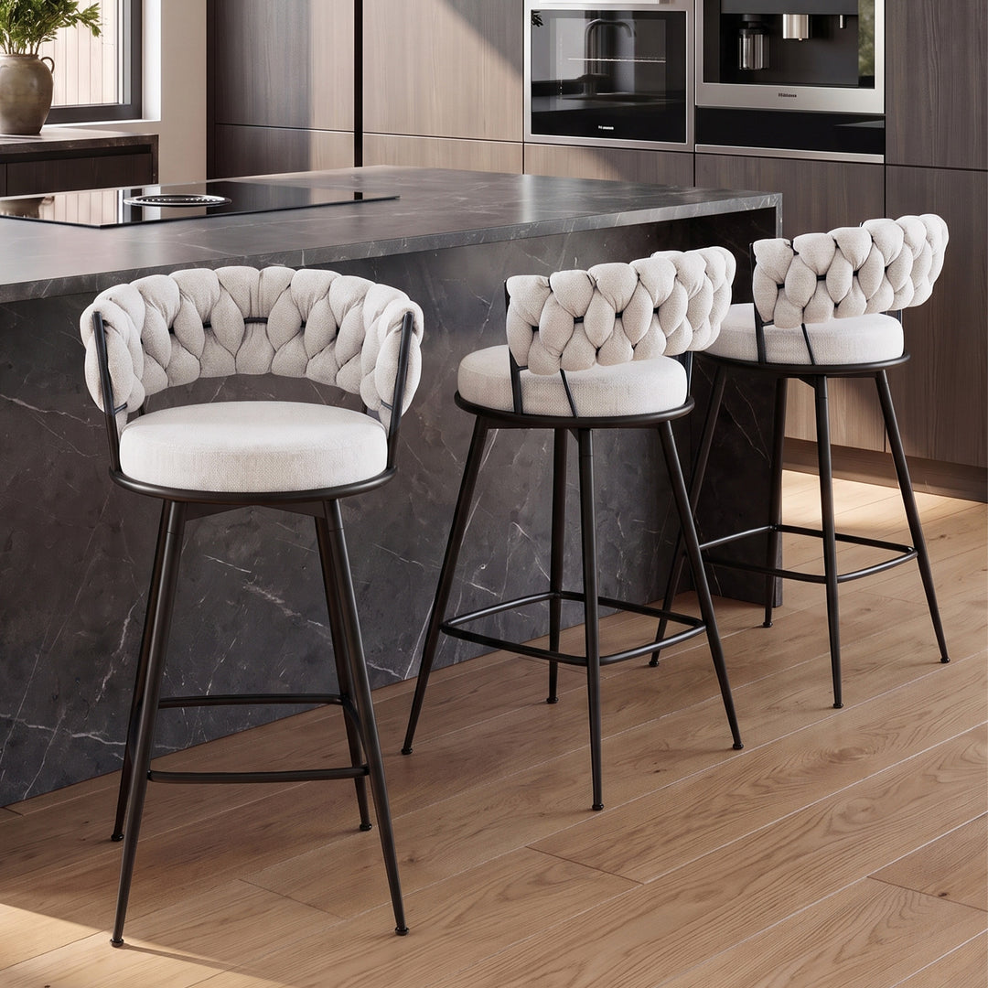 YOUNIKE Bar Stools Upholstered 360° Swivel Bar Chairs Counter Height Barstools with Woven Back