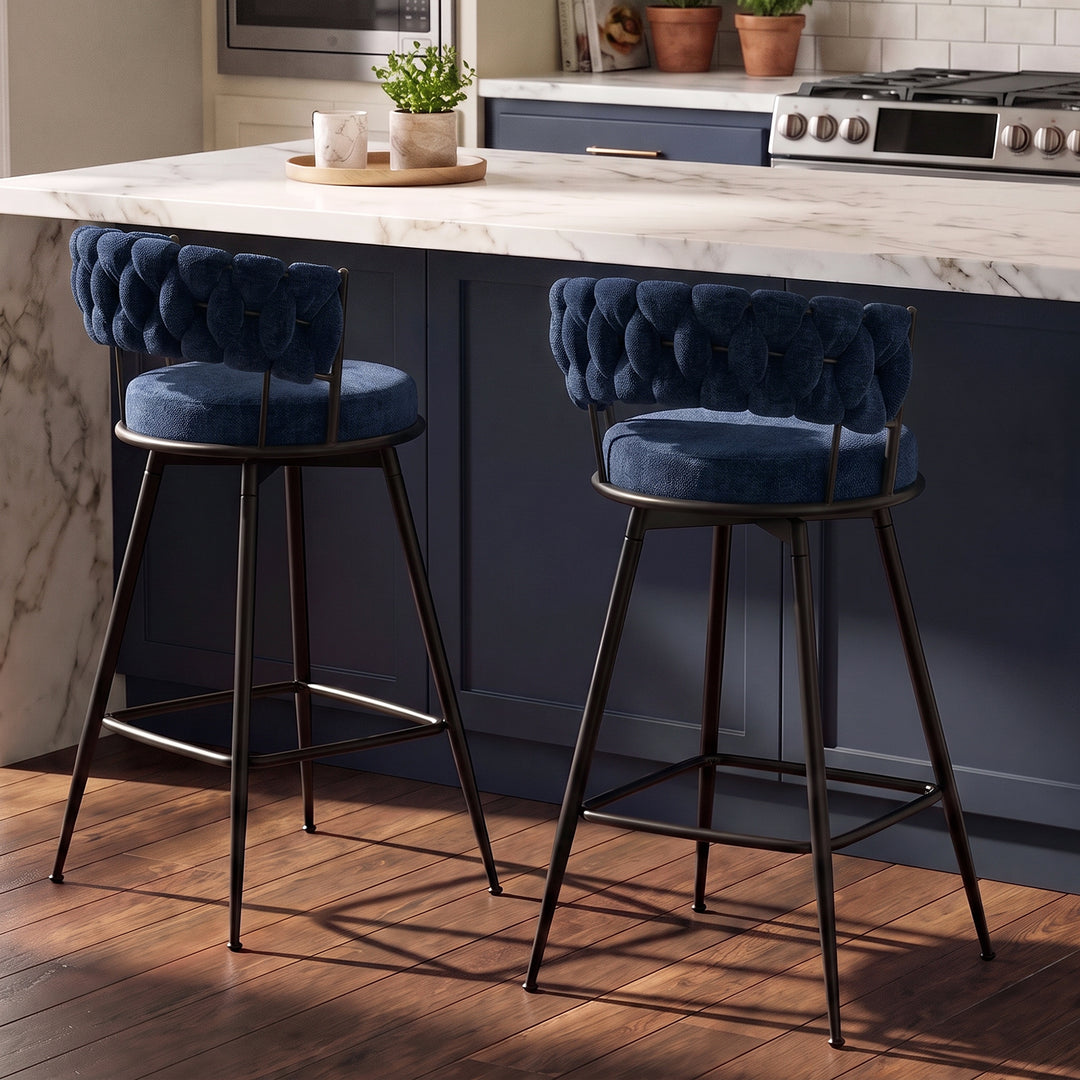 YOUNIKE Bar Stools Upholstered 360° Swivel Bar Chairs Counter Height Barstools with Woven Back