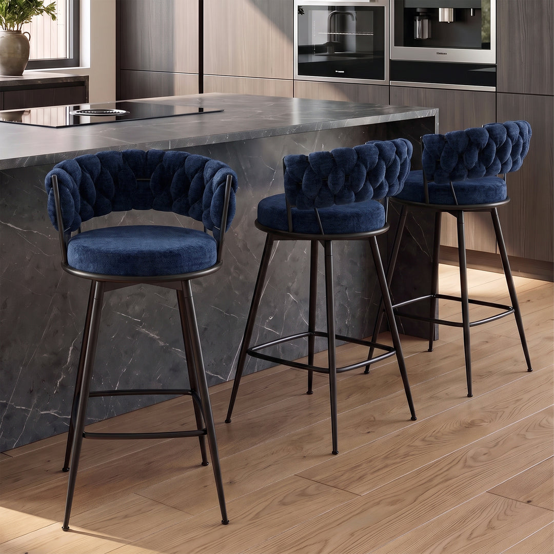 YOUNIKE Bar Stools Upholstered 360° Swivel Bar Chairs Counter Height Barstools with Woven Back