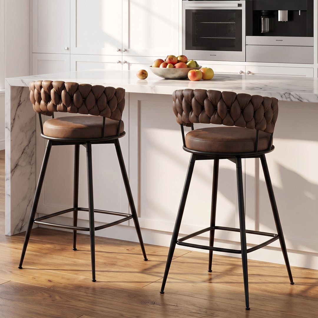 YOUNIKE Bar Stools Upholstered 360° Swivel Bar Chairs Counter Height Barstools with Woven Back