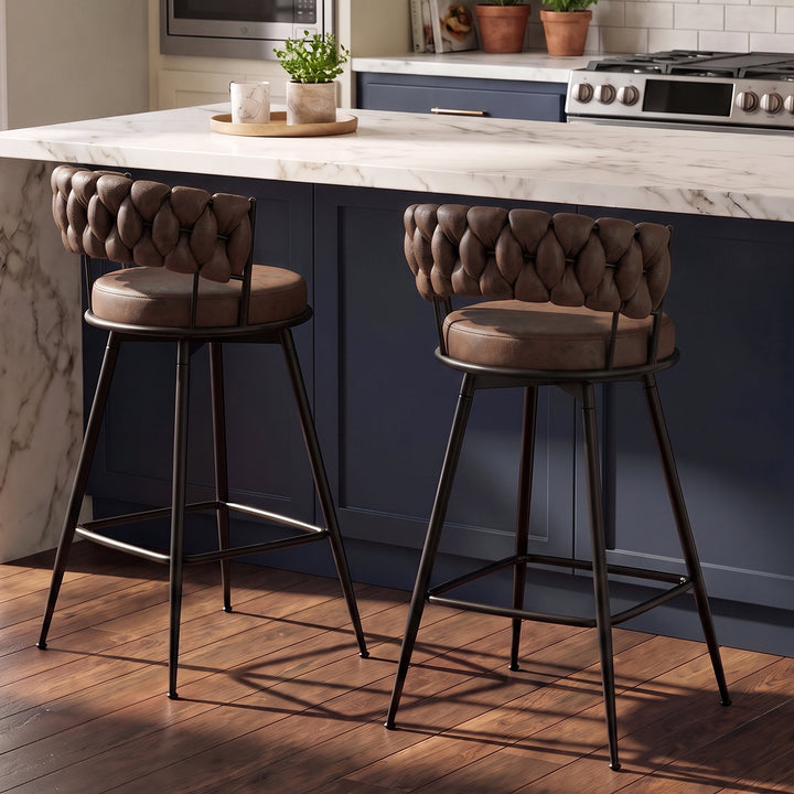 YOUNIKE Bar Stools Upholstered 360° Swivel Bar Chairs Counter Height Barstools with Woven Back