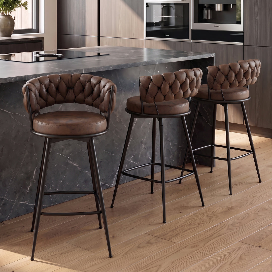 YOUNIKE Bar Stools Upholstered 360° Swivel Bar Chairs Counter Height Barstools with Woven Back
