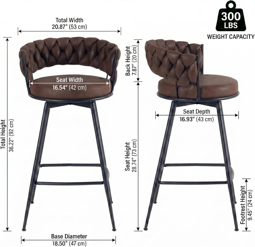 YOUNIKE Bar Stools Upholstered 360° Swivel Bar Chairs Counter Height Barstools with Woven Back
