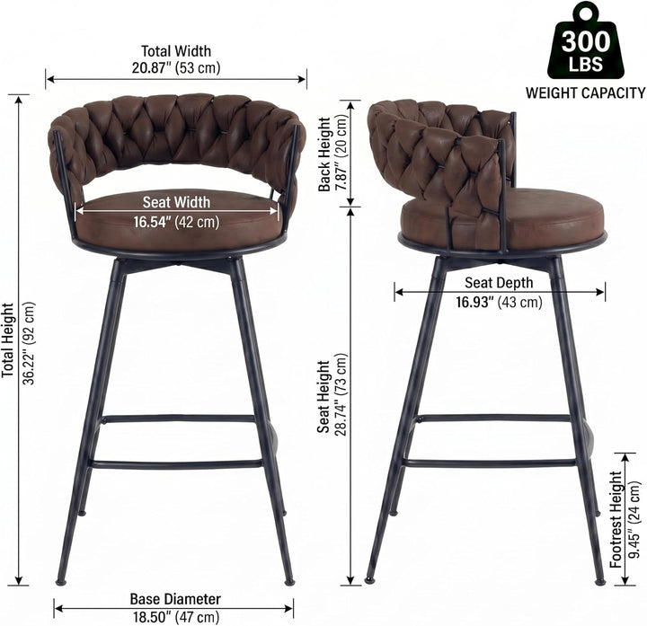 YOUNIKE Bar Stools Upholstered 360° Swivel Bar Chairs Counter Height Barstools with Woven Back