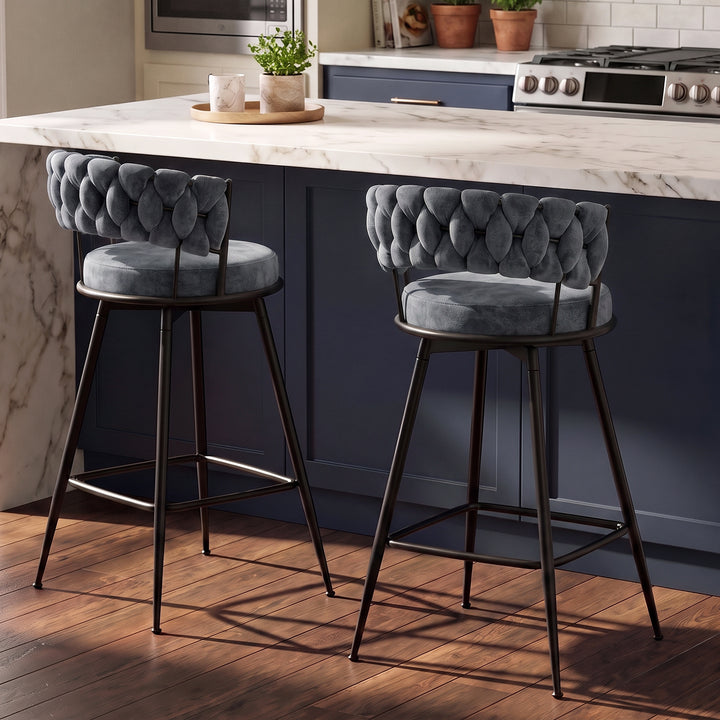 YOUNIKE Bar Stools Upholstered 360° Swivel Bar Chairs Counter Height Barstools with Woven Back