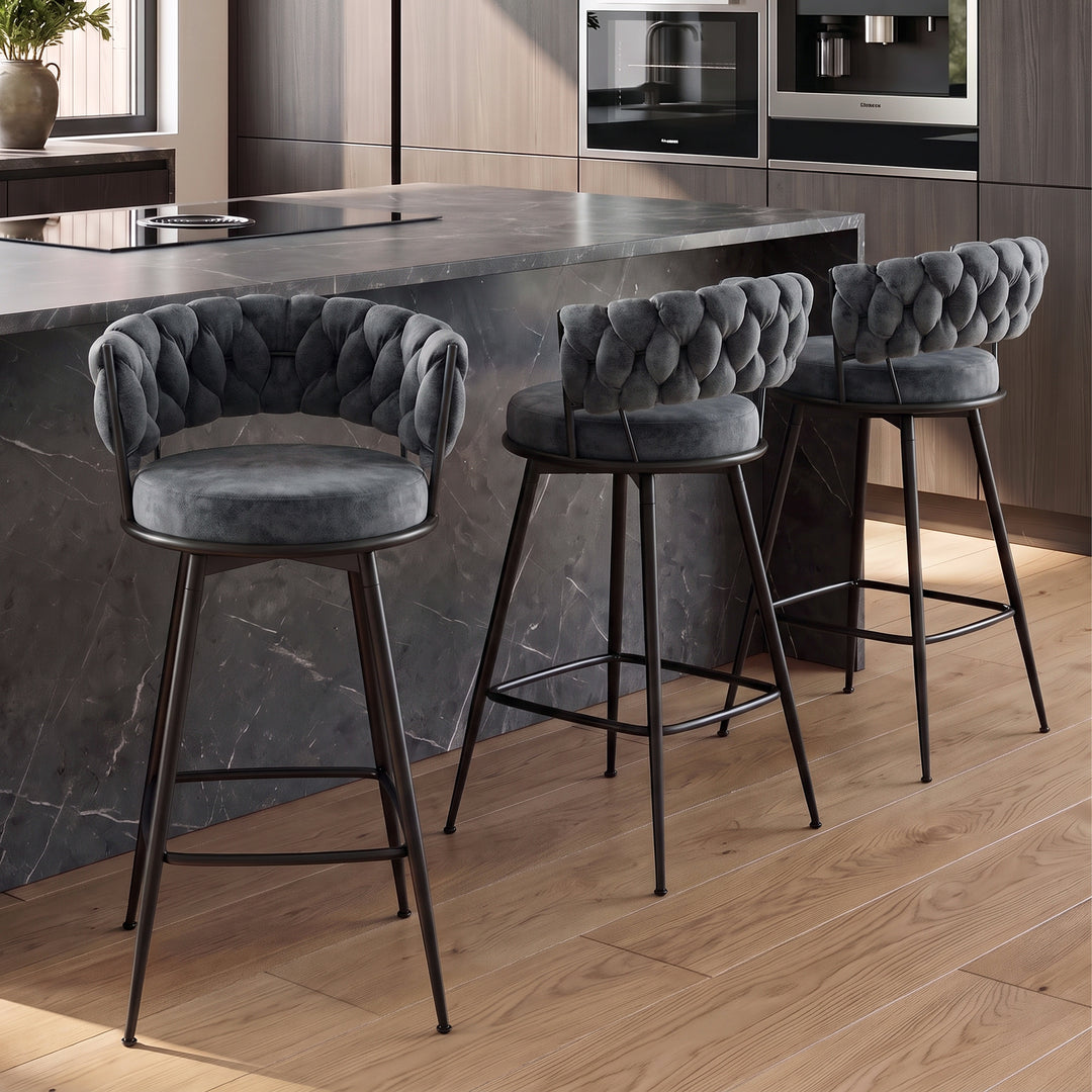 YOUNIKE Bar Stools Upholstered 360° Swivel Bar Chairs Counter Height Barstools with Woven Back