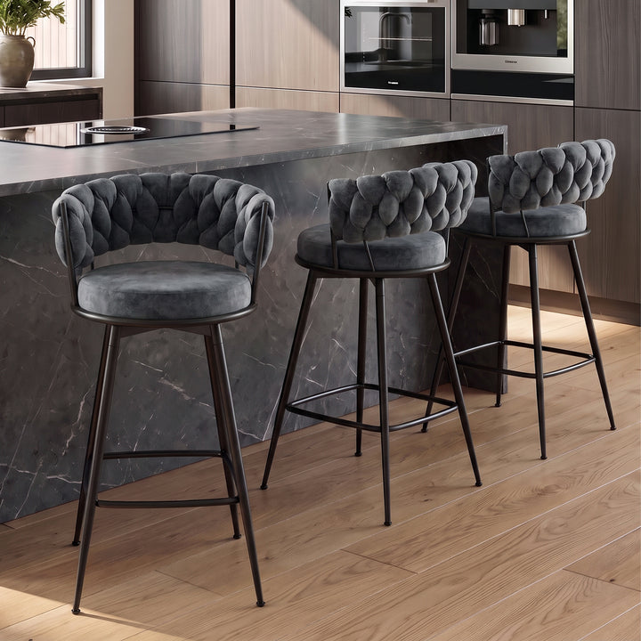 YOUNIKE Bar Stools Upholstered 360° Swivel Bar Chairs Counter Height Barstools with Woven Back