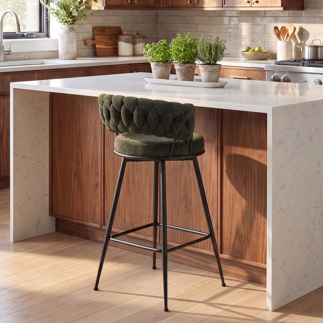 YOUNIKE Bar Stools Upholstered 360° Swivel Bar Chairs Counter Height Barstools with Woven Back