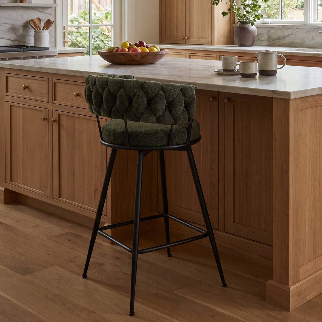 YOUNIKE Bar Stools Upholstered 360° Swivel Bar Chairs Counter Height Barstools with Woven Back