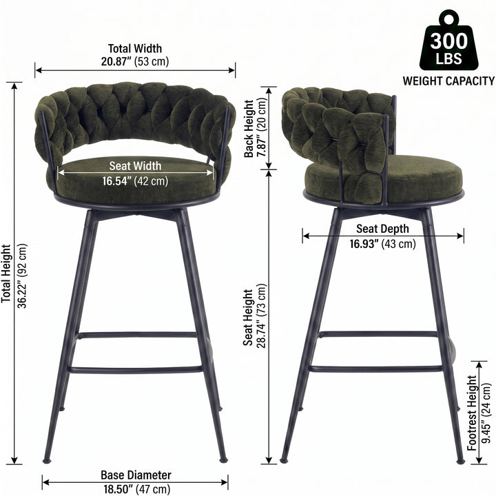 YOUNIKE Bar Stools Upholstered 360° Swivel Bar Chairs Counter Height Barstools with Woven Back