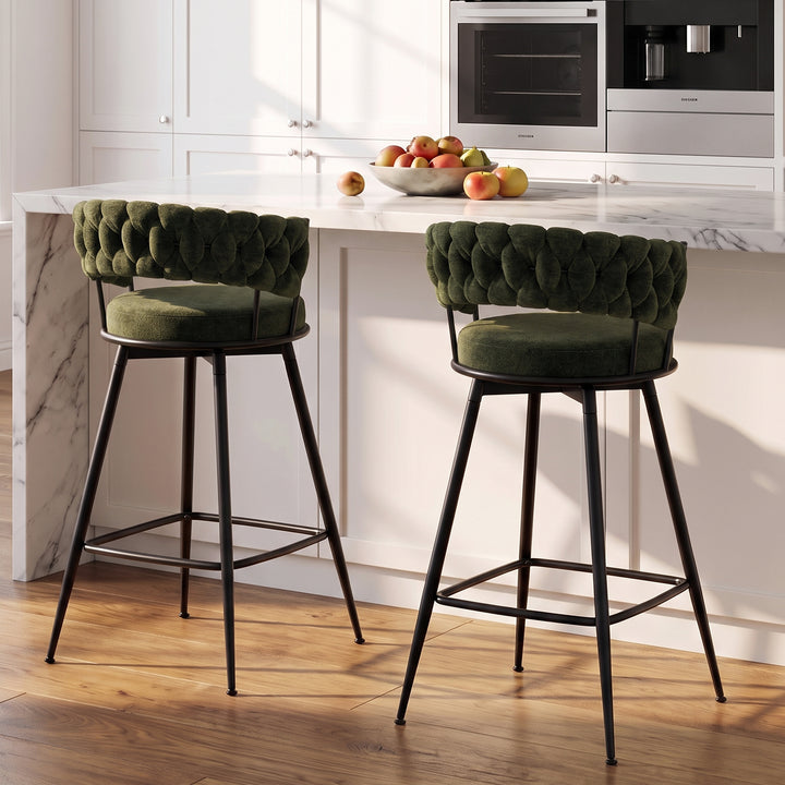 YOUNIKE Bar Stools Upholstered 360° Swivel Bar Chairs Counter Height Barstools with Woven Back