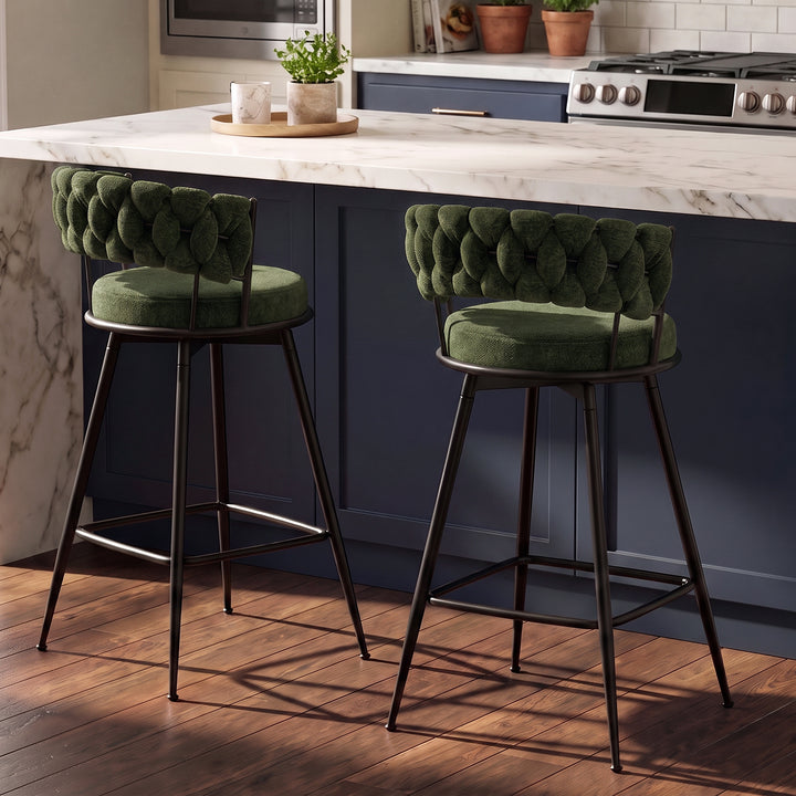 YOUNIKE Bar Stools Upholstered 360° Swivel Bar Chairs Counter Height Barstools with Woven Back