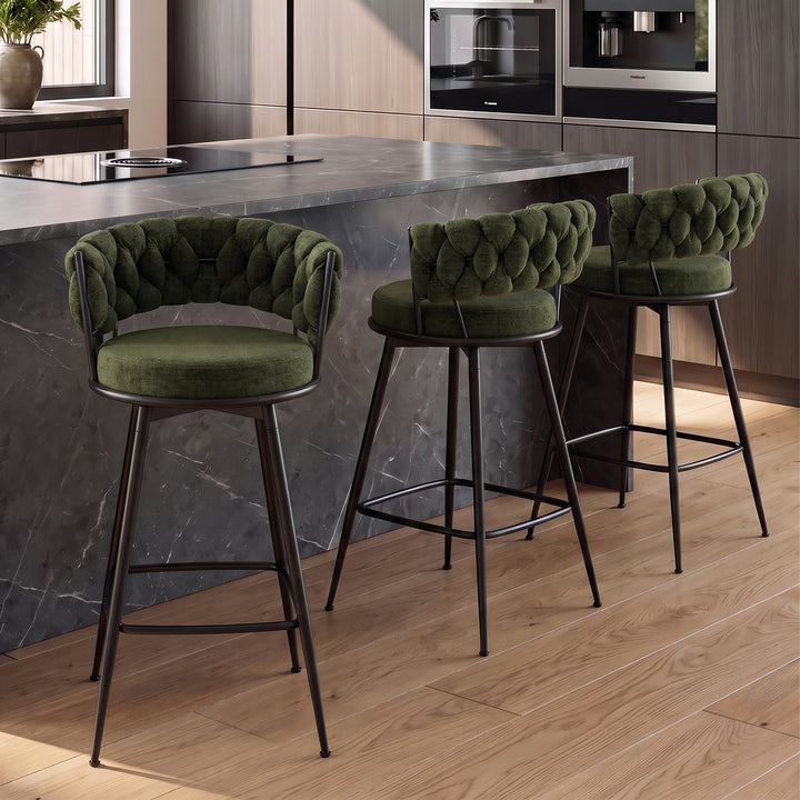YOUNIKE Bar Stools Upholstered 360° Swivel Bar Chairs Counter Height Barstools with Woven Back