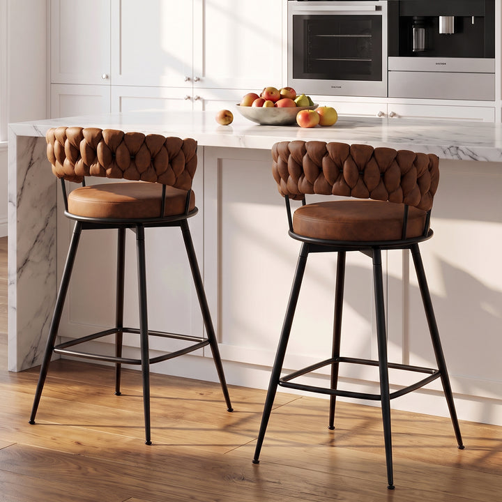 YOUNIKE Bar Stools Upholstered 360° Swivel Bar Chairs Counter Height Barstools with Woven Back