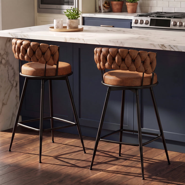 YOUNIKE Bar Stools Upholstered 360° Swivel Bar Chairs Counter Height Barstools with Woven Back