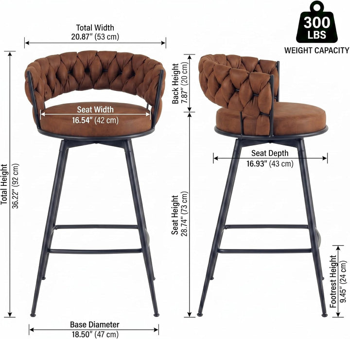 YOUNIKE Bar Stools Upholstered 360° Swivel Bar Chairs Counter Height Barstools with Woven Back